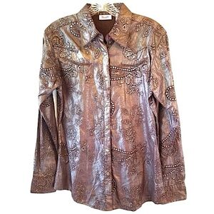 Wrangler Brown Silver Western Rodeo Metallic Shimmer Embossed Snap Shirt Small